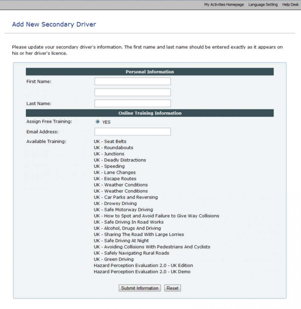 Online Driver Assessment Training Secondary Driver Form - Complimentary Family Logon